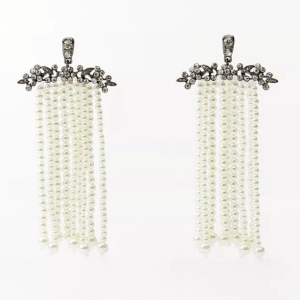 ZARA Waterfall Rhinestone And Pearl Appliqué Earrings NWT